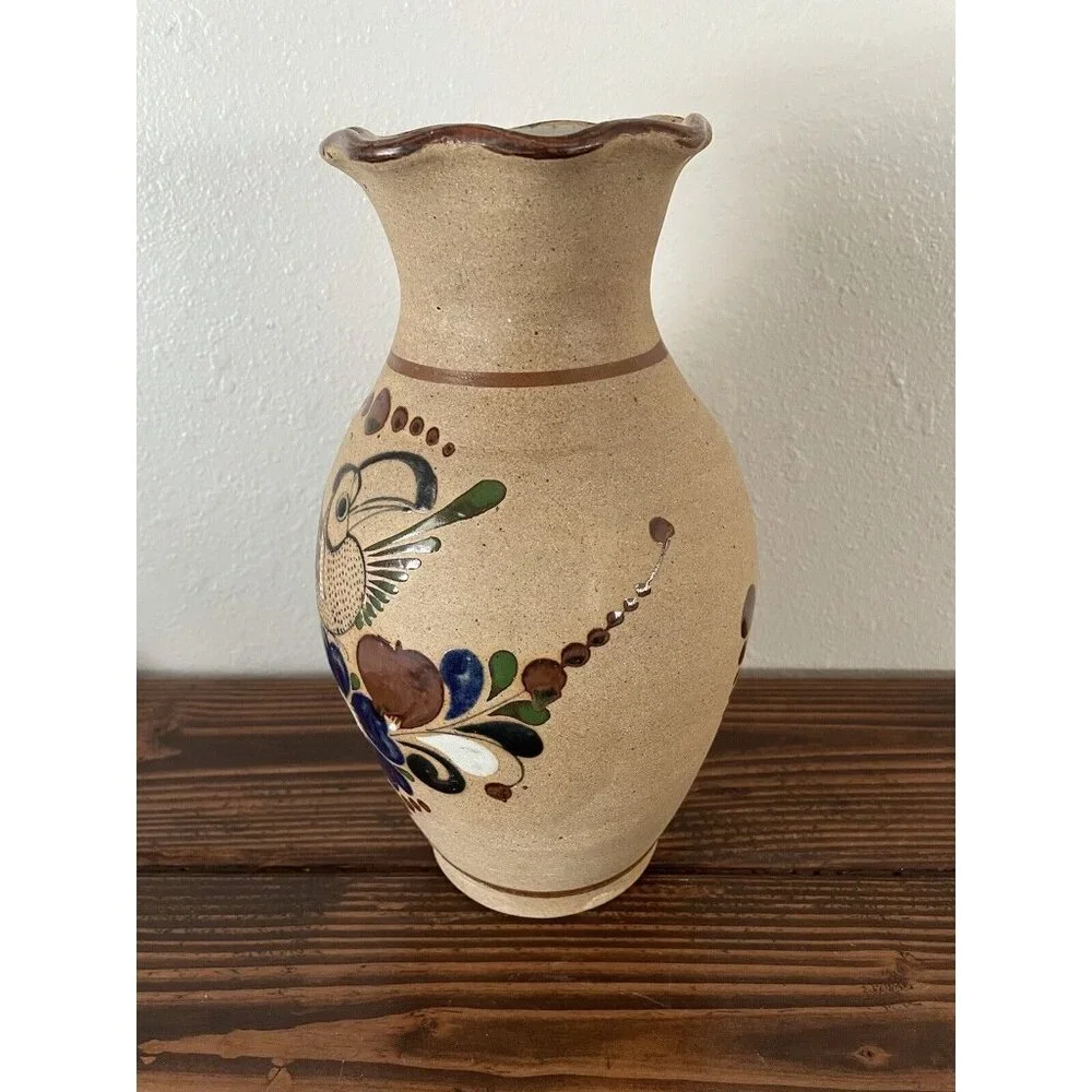Mexican Tonala Pottery Bird Toucan Floral Vase, 11”